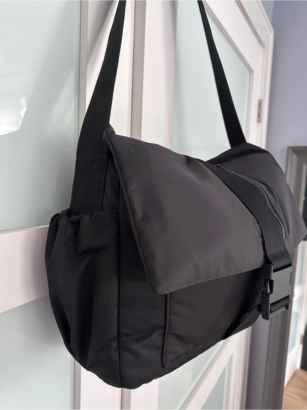 COS Black Nylon Messenger Satchel with Front Buckle